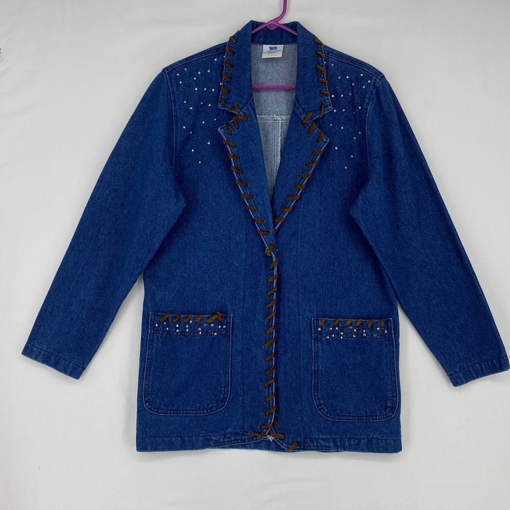 Monique Jeans Womens 6 Denim Jacket Medium Wash Blue with Brown Lacing Studs